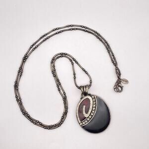 Vtg CHICOS Oval Pendant Necklace Black Glass Red Enamel Crystal Ant Silver Tone